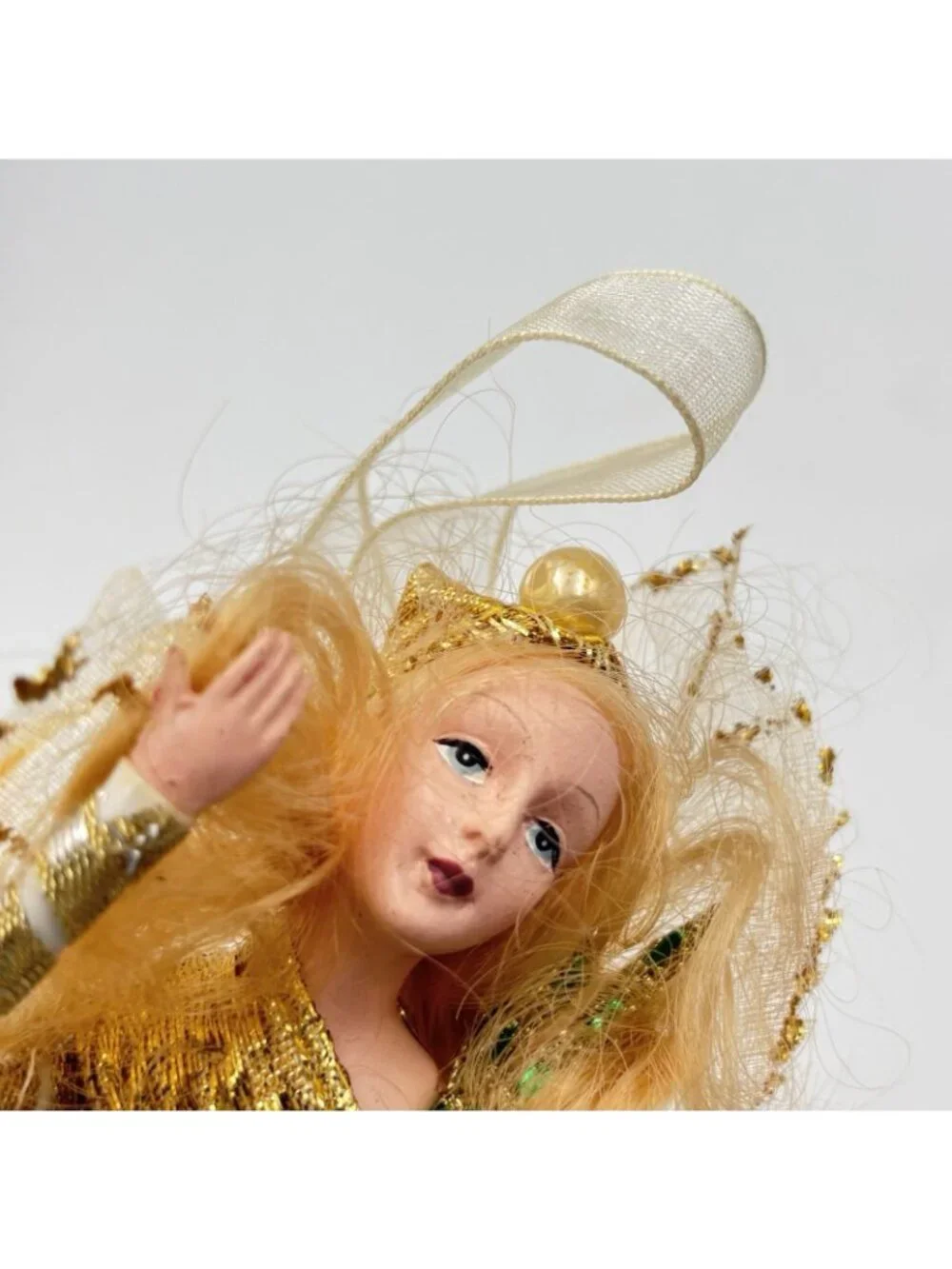 Vintage Porcelain Fairy Lady Gold Green Christmas Ornament Pearls Beads 8 in